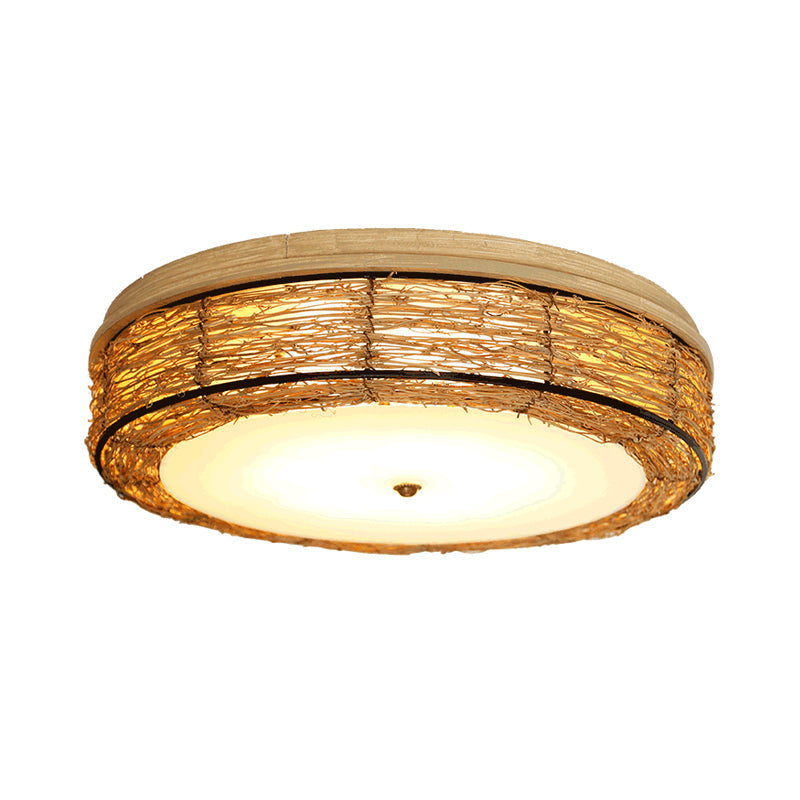 Traditional Rattan Round Flush Mount Chandelier - 12.5’/16.5’ Wide 5 Bulbs Wood Ceiling