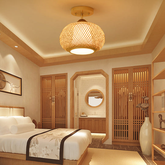 Bamboo Wood Lantern Semi-Flush Mount Ceiling Fixture - 10’/14’/16’ Wide