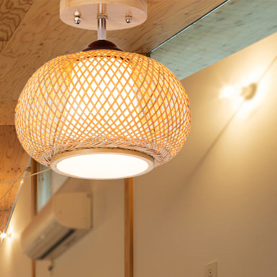 Bamboo Wood Lantern Semi-Flush Mount Ceiling Fixture - 10’/14’/16’ Wide