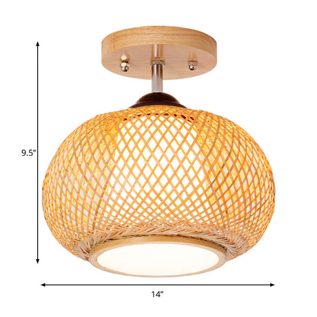 Bamboo Wood Lantern Semi-Flush Mount Ceiling Fixture - 10/14/16 Wide