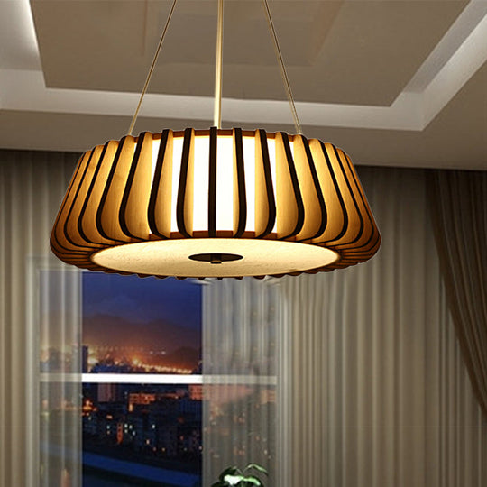 Wide Tapered Suspension Lighting - Traditional Wood 1-Bulb Nickel Hanging Ceiling Light 19.5’/23.5