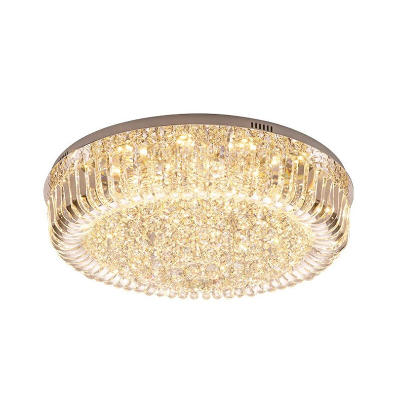 Modern Clear Faceted Crystal Drum Led Ceiling Light Fixture - Flush Mount; Warm/White/3 Color