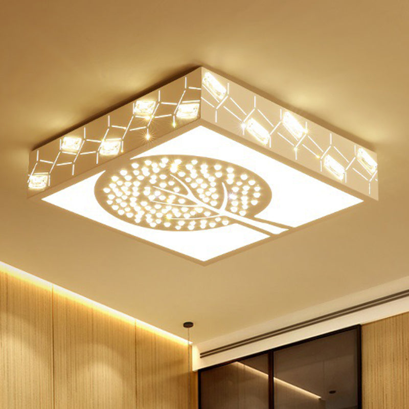 Nordic White K9 Crystal Led Ceiling Light - Square Flush Mount With 3 Lighting Options