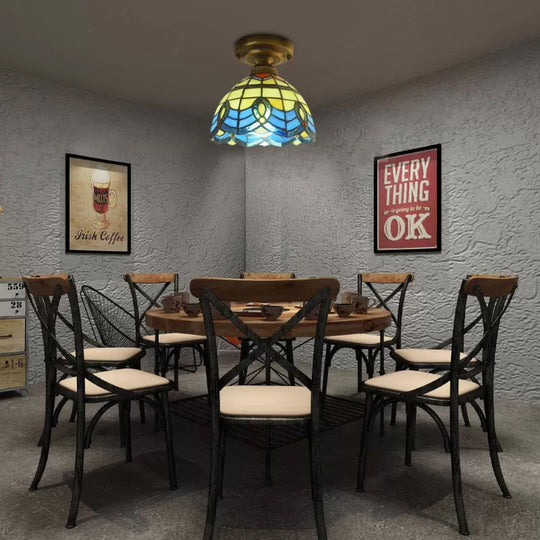 Blue Stained Glass Ceiling Light - Baroque Style Semi Flush Mount With Bell Shade / 8’