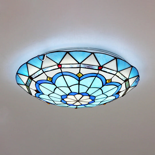 Vintage Stained Glass Flush Mount Ceiling Light In Blue - 12’/16’ Bowl Shape