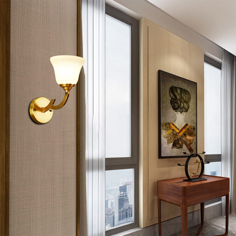 Colonial Style Gold Wall Sconce With Milk Glass Bell Shade - Perfect For Corridors