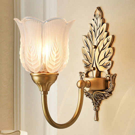 Antique Style Golden Leaf Wall Sconce With Frosted Glass Shade - Ideal For Bedroom Lighting