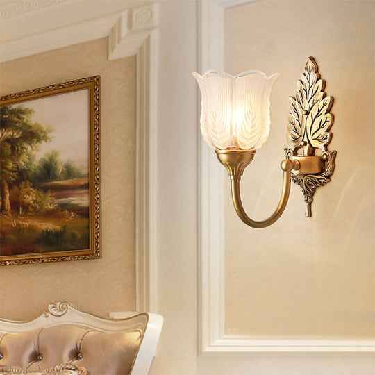 Antique Style Golden Leaf Wall Sconce With Frosted Glass Shade - Ideal For Bedroom Lighting