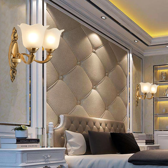 Vintage-Style Flower Opal Glass Wall Lamp With Golden Metal Arm - 1/2-Light Bedroom Mounted Lighting
