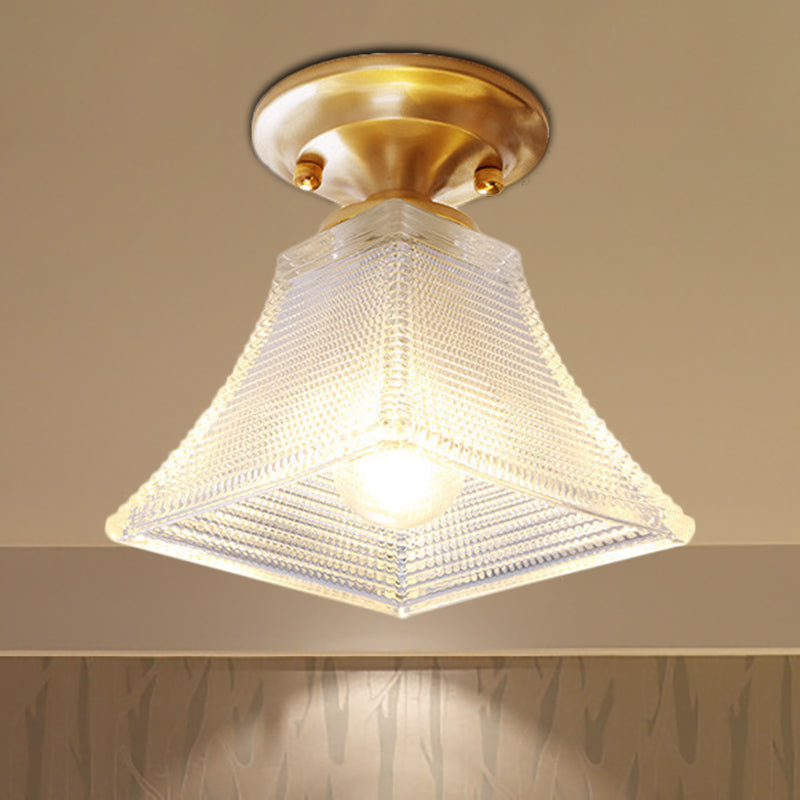 Colonial Brass Clear Ribbed Glass Flush Mount Light - 7.5’/8’ Width Cone/Bell Ceiling Fixture