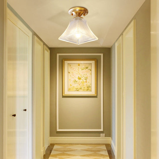 Colonial Brass Clear Ribbed Glass Flush Mount Light - 7.5’/8’ Width Cone/Bell Ceiling Fixture