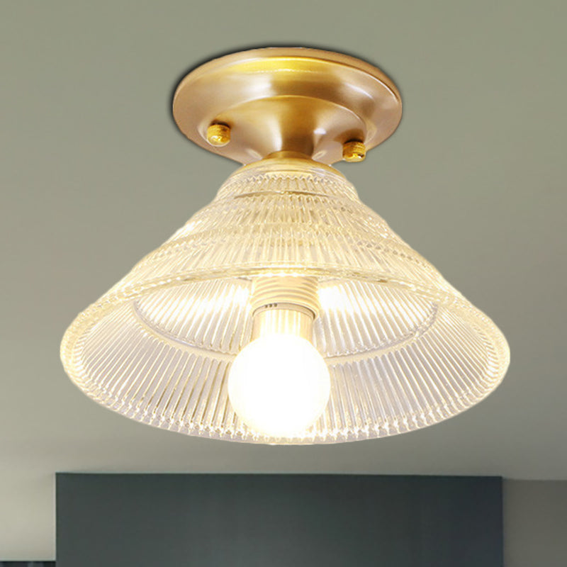 Colonial Brass Clear Ribbed Glass Flush Mount Light - 7.5’/8’ Width Cone/Bell Ceiling Fixture