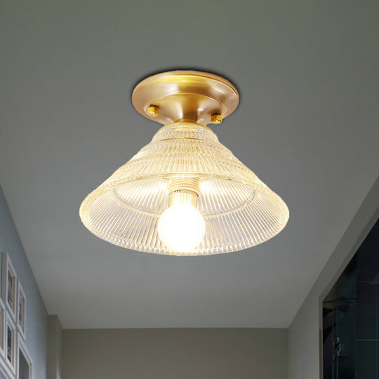 Colonial Brass Clear Ribbed Glass Flush Mount Light - 7.5’/8’ Width Cone/Bell Ceiling Fixture