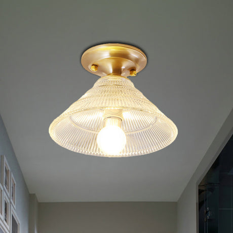 Colonial Brass Clear Ribbed Glass Flush Mount Light - 7.5/8 Width Cone/Bell Ceiling Fixture Single
