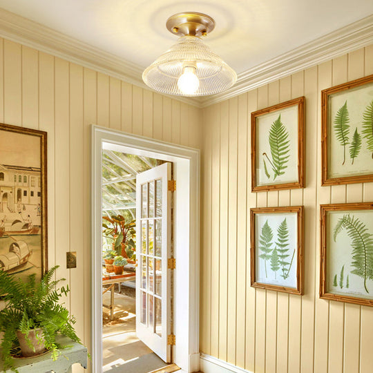 Colonial Brass Clear Ribbed Glass Flush Mount Light - 7.5’/8’ Width Cone/Bell Ceiling Fixture