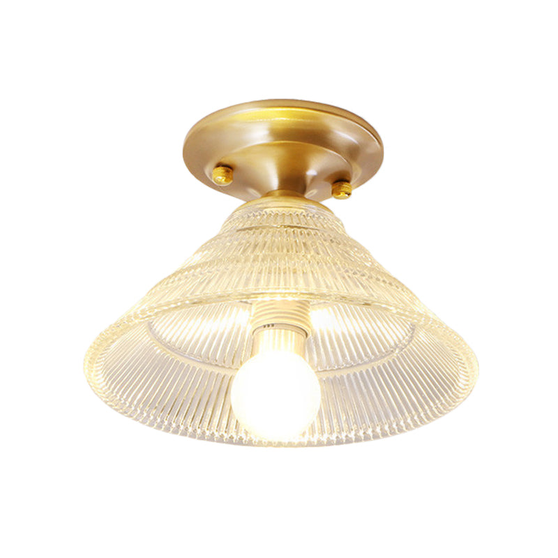 Colonial Brass Clear Ribbed Glass Flush Mount Light - 7.5’/8’ Width Cone/Bell Ceiling Fixture