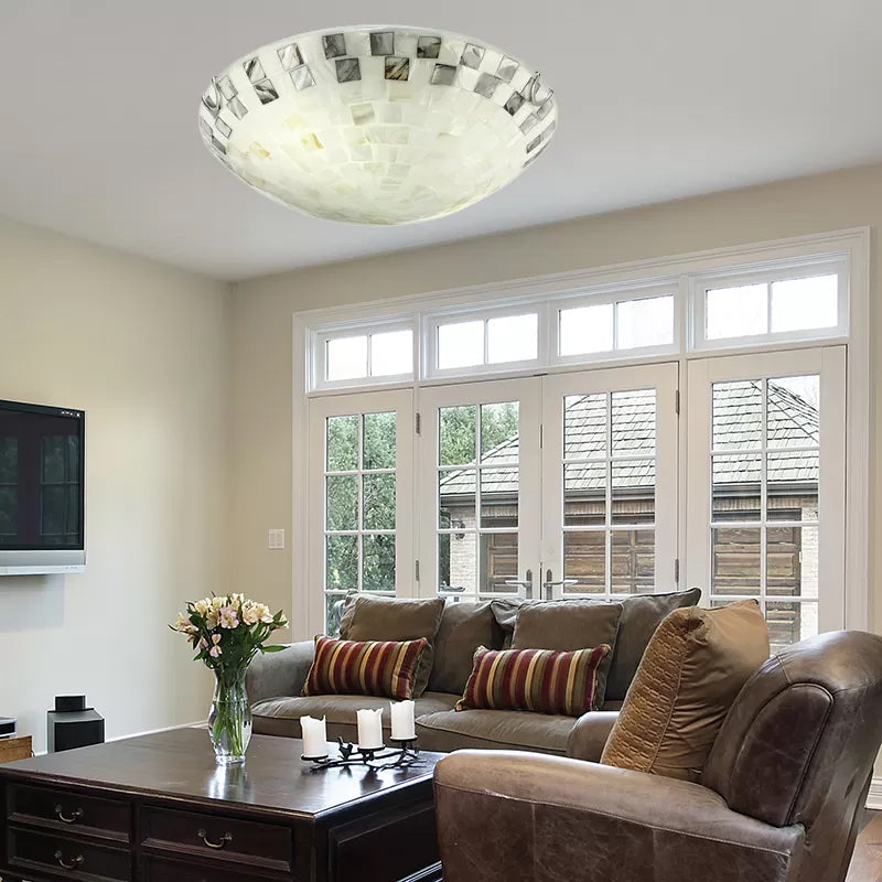 Vintage Mosaic Glass Flush Mount Ceiling Light - Beige Bowl 1 Bulb 12’/16’/19.5’ Wide Ideal