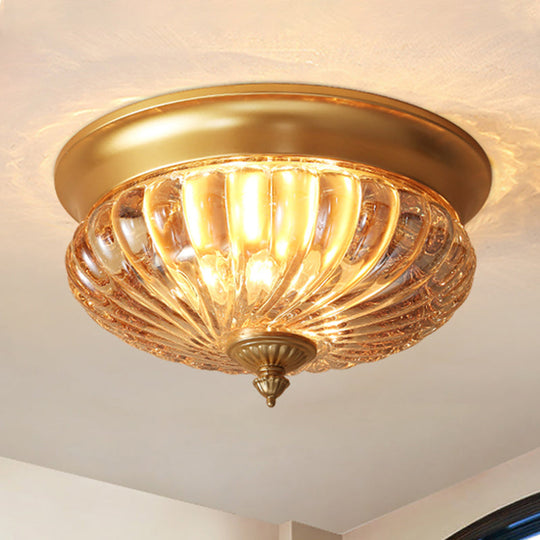 Brass Flush Mount Lamp With Prismatic Glass Dome For Corridor - 2 Heads Colonial Style 10’/12’ W