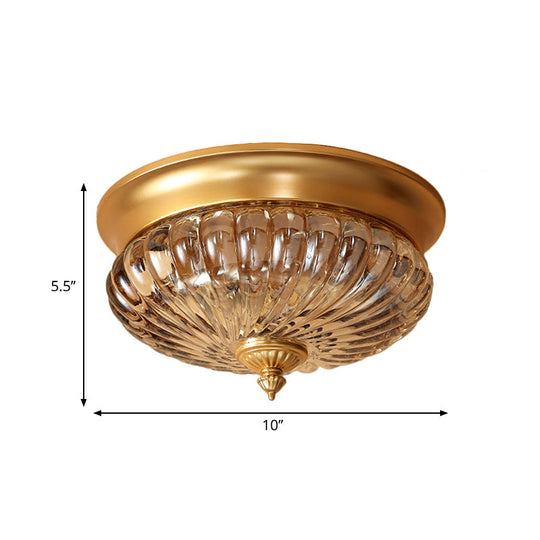Brass Flush Mount Lamp With Prismatic Glass Dome For Corridor - 2 Heads Colonial Style 10’/12’ W