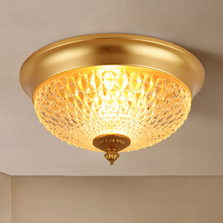 Colonial Lattice Glass Dome Flush Mount Light With 2 Bulbs - Brass Ceiling Lighting Fixture