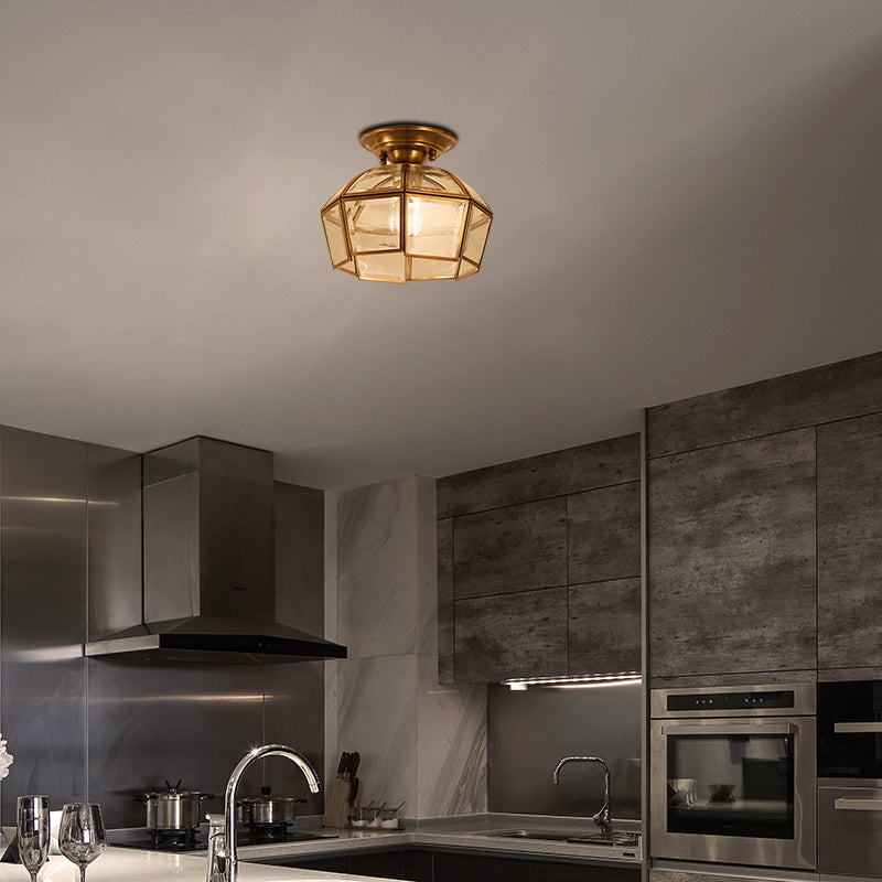 Beveled Colonial Ceiling Flush Mount Light Fixture - 1 Bulb Clear Glass Brass