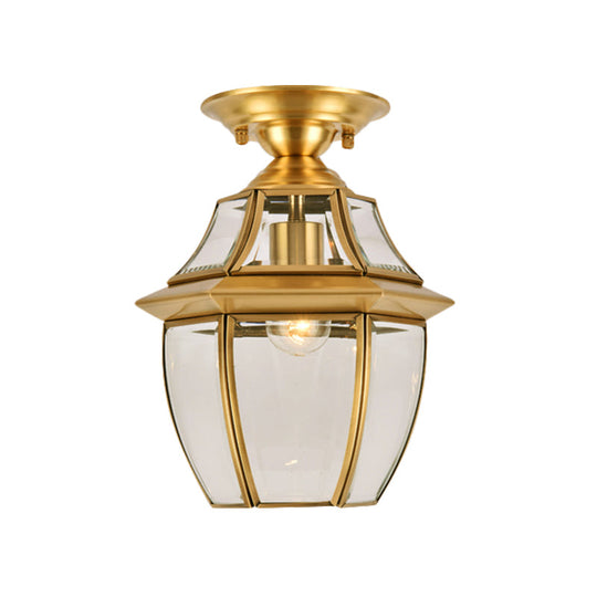 Clear Bevel Glass Lantern Bedroom Flush Mount Light - Colonial 1-Bulb Brass Ceiling Lamp
