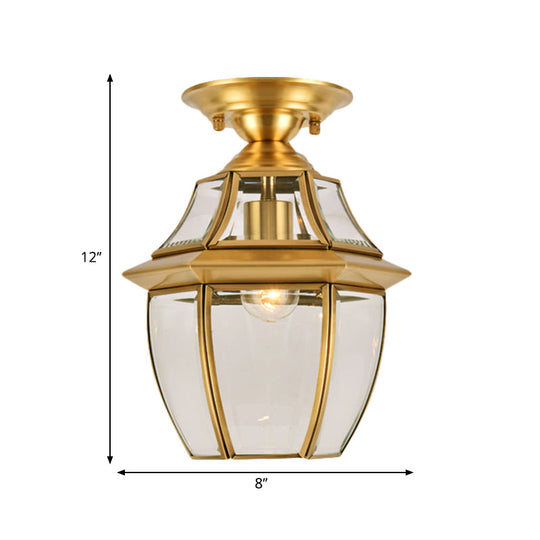 Clear Bevel Glass Lantern Bedroom Flush Mount Light - Colonial 1-Bulb Brass Ceiling Lamp