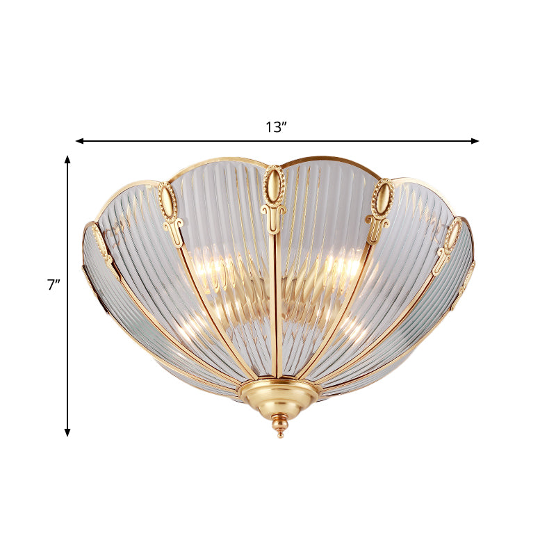 Prismatic Glass Flush Mount Ceiling Light With Colonial Brass Finish - 3 - Light Scalloped Design