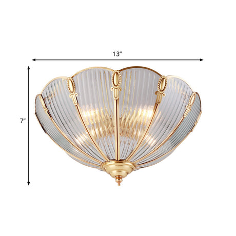 Prismatic Glass Flush Mount Ceiling Light With Colonial Brass Finish - 3-Light Scalloped Design
