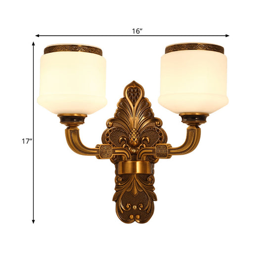 Vintage Style Brass Wall Sconce Lamp With 1/2-Light Drum Shade In White Glass