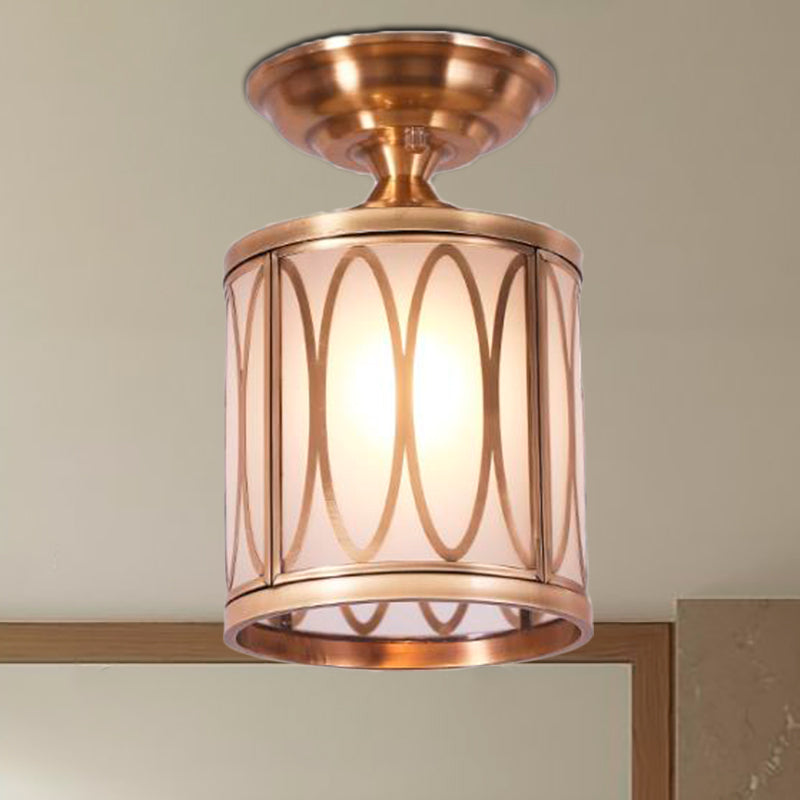 Brass Frosted Glass Ceiling Flush Mount Lamp Colonialist Style For Living Room / Oval