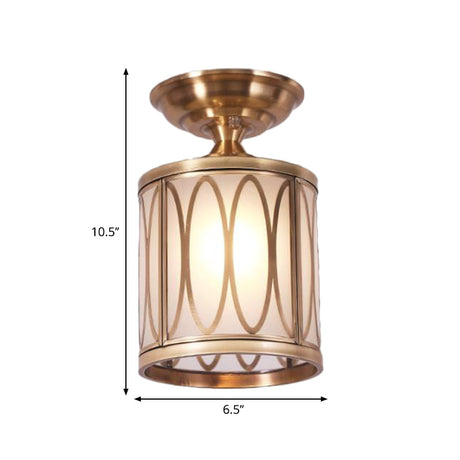 Brass Frosted Glass Ceiling Flush Mount Lamp Colonialist Style For Living Room