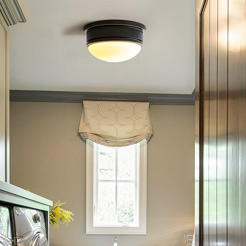 Rustic Milk Glass Flush Mount Lamp With Triple Heads - Ceiling Mounted Light And Black Metal Canopy