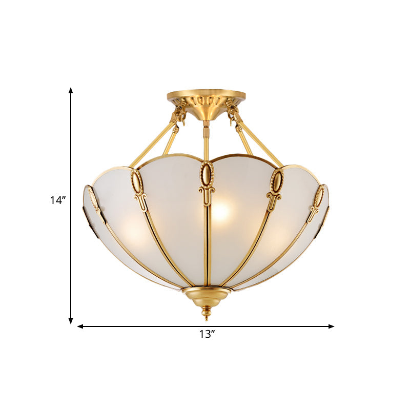 Colonial Brass Satin Opal Glass Semi Flush Mount Lighting For Living Room 3/4 Bulbs Scalloped