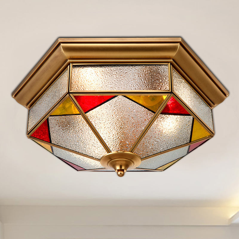Hexagonal Red Bubble Glass Flush Mount Lamp For Bedroom - 2/3 Heads 12.5/19 W