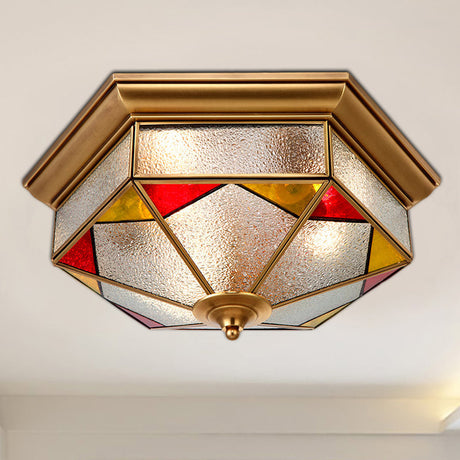 Hexagonal Red Bubble Glass Flush Mount Lamp For Bedroom - 2/3 Heads 12.5/19 W