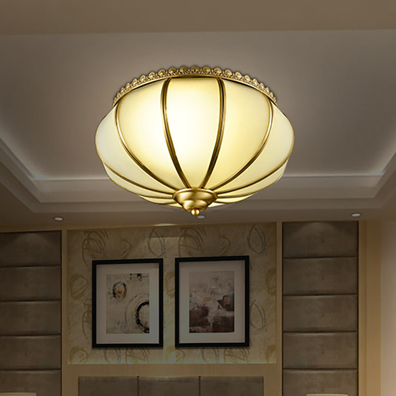 Retro White Glass Sphere Flush Mount Ceiling Light Fixture - 3 Brass Heads Ideal For Bedroom
