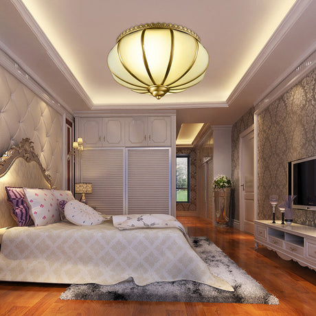 Retro White Glass Sphere Flush Mount Ceiling Light Fixture - 3 Brass Heads Ideal For Bedroom 14/18