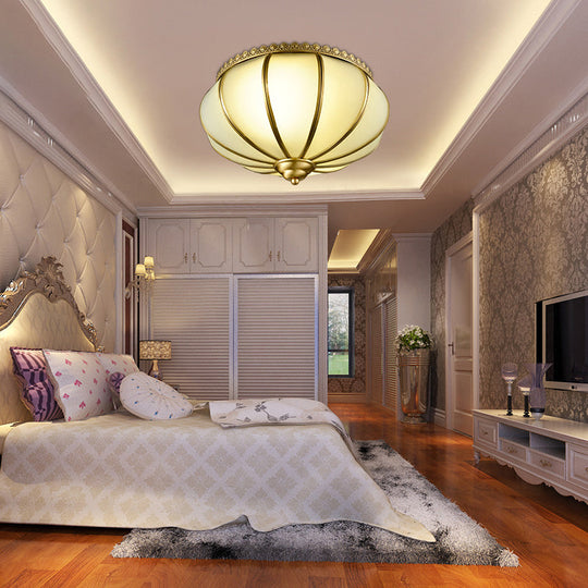 Retro White Glass Sphere Flush Mount Ceiling Light Fixture - 3 Brass Heads Ideal For Bedroom 14/18