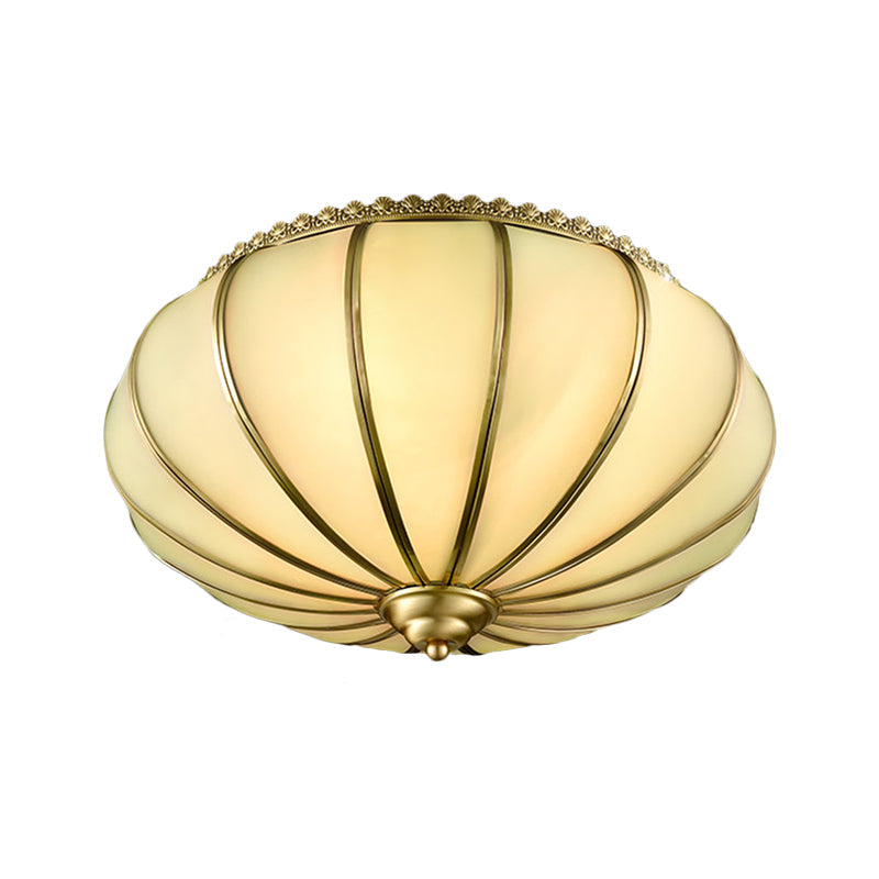 Retro White Glass Sphere Flush Mount Ceiling Light Fixture - 3 Brass Heads Ideal For Bedroom
