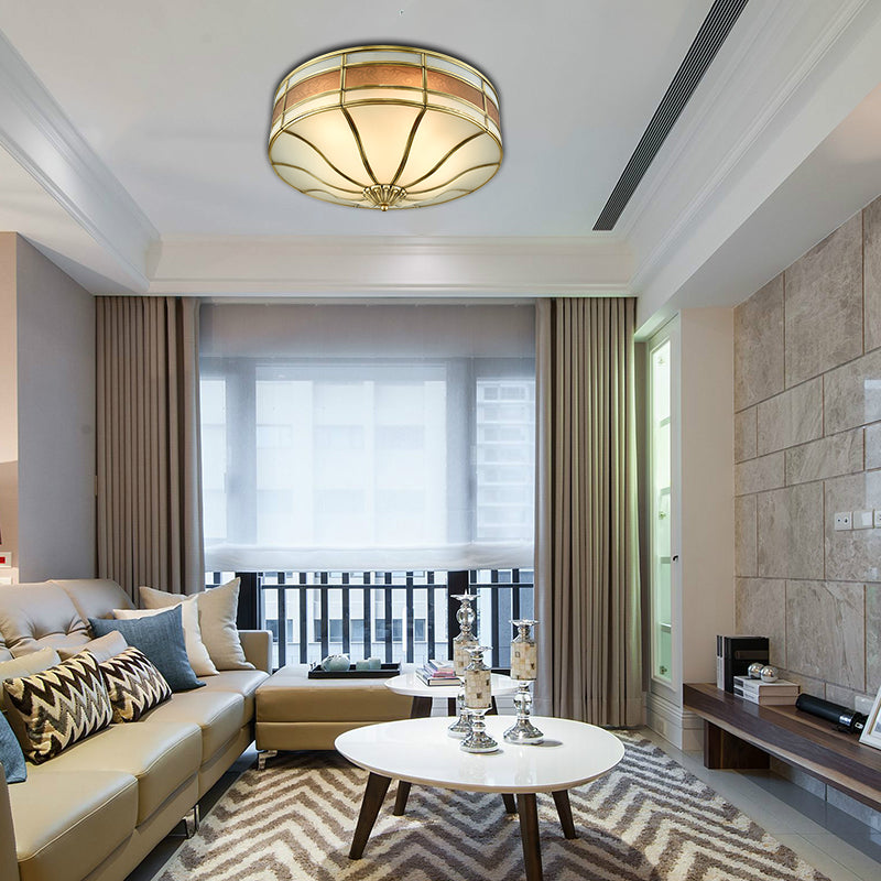 Colonial Brass Drum Ceiling Light With Opaline Glass - 3 Bulb Flush Mount For Bedroom