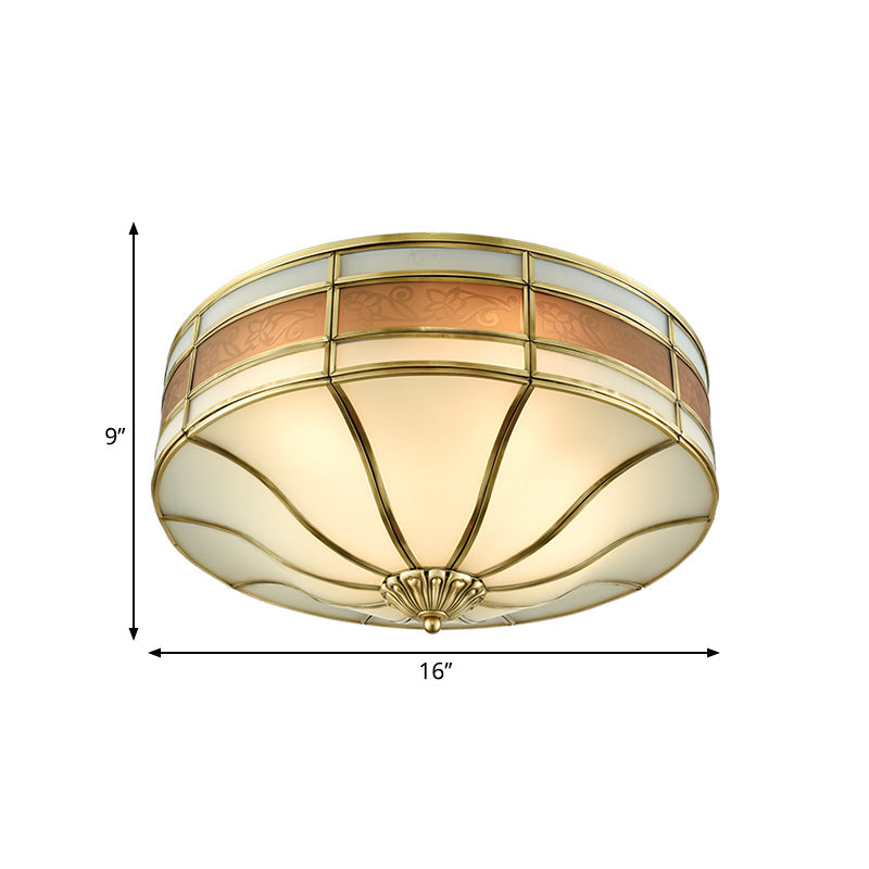 Colonial Brass Drum Ceiling Light With Opaline Glass - 3 Bulb Flush Mount For Bedroom