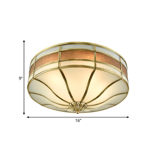 Colonial Brass Drum Ceiling Light With Opaline Glass - 3 Bulb Flush Mount For Bedroom