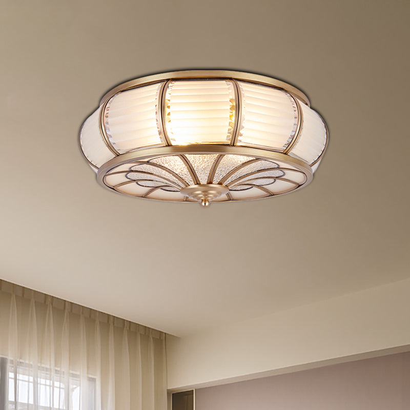 Colonial Cream Glass Drum Ceiling Lighting - 3/4 Heads Flush Mount Fixture Brass Finish