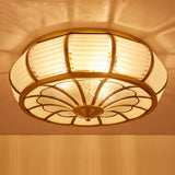Colonial Cream Glass Drum Ceiling Lighting - 3/4 Heads Flush Mount Fixture Brass Finish 14/16.5