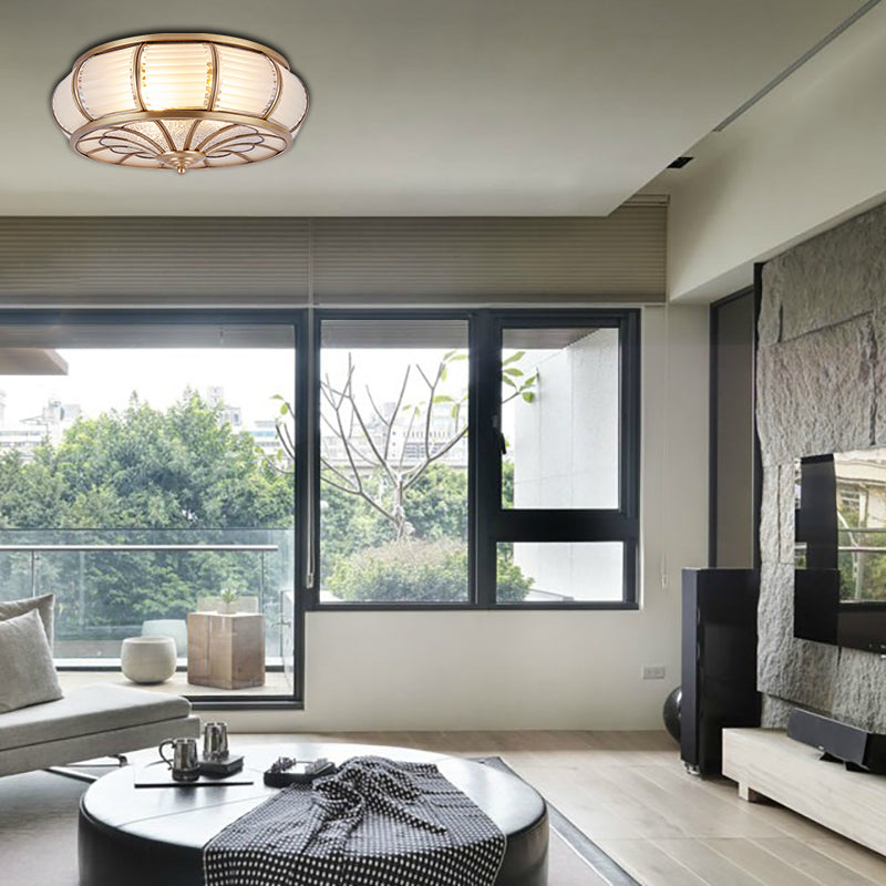 Colonial Cream Glass Drum Ceiling Lighting - 3/4 Heads Flush Mount Fixture Brass Finish