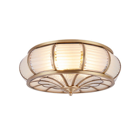Colonial Cream Glass Drum Ceiling Lighting - 3/4 Heads Flush Mount Fixture Brass Finish 14/16.5