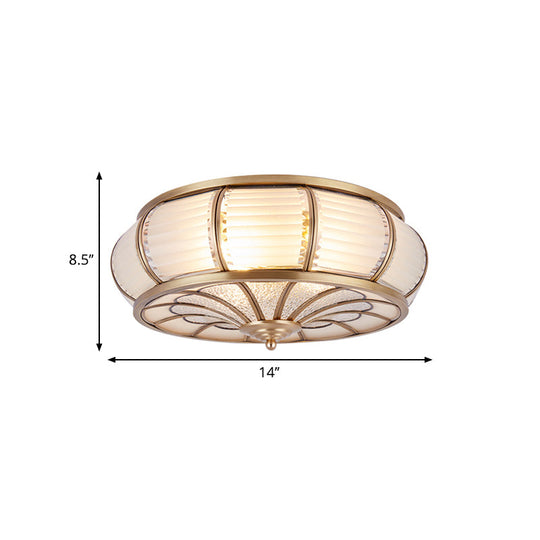 Colonial Cream Glass Drum Ceiling Lighting - 3/4 Heads Flush Mount Fixture Brass Finish 14/16.5