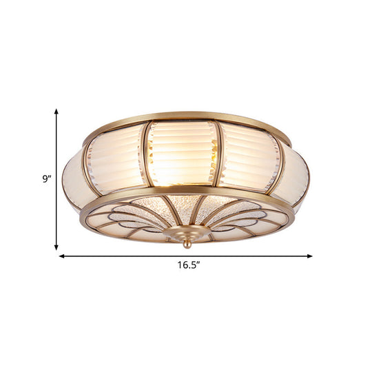 Colonial Cream Glass Drum Ceiling Lighting - 3/4 Heads Flush Mount Fixture Brass Finish