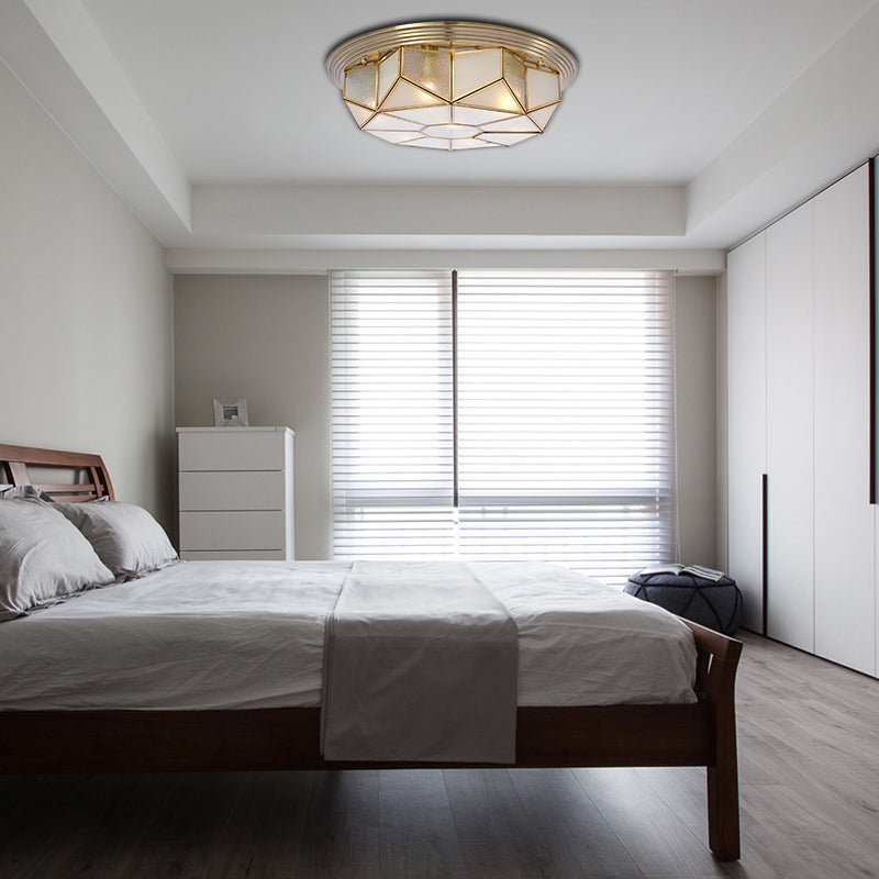 Colonial Brass Flush Mount Lamp With Sandblasted Glass For Living Room - 6 Heads Octagonal Ceiling